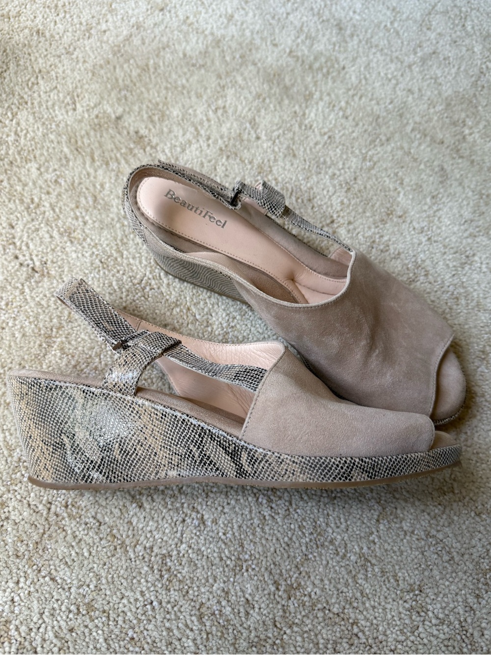 BeautiFeel Taupe Suede Peep-Toe Wedge Sandals with Snakeskin-Pattern Wedge